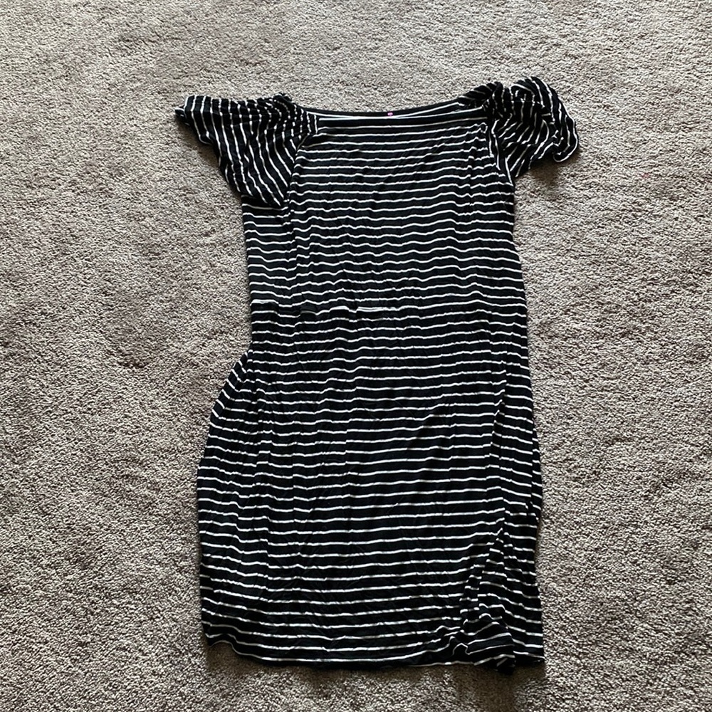 LOFT Black White Striped Dress Flutter Sleeve Stretch Casual SIZE MP